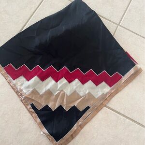 Oscar de la Renta vtg Black silk Scarf with Zigzag Accent in Red, Silver Tan